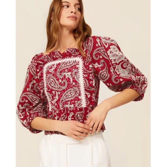 Sea New York Theodora Paisley Puff Sleeve Tie Back Top Medium - Picture 1 of 5